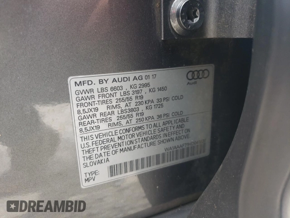 2017 Audi Q7 Premium with VIN WA1AAAF71HD041831, listed as a Copart auction lot 57890505 with 118,645 mi miles and Clean title. Bid and sale history available at DreamBid. Image 13.
