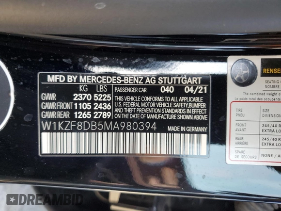 2021 Mercedes-Benz E-Class E 350 with VIN W1KZF8DB5MA980394, listed as a Copart auction lot 52390295 with 42,450 mi miles and Salvage Title. Bid and sale history available at carsss.com. Image 12.