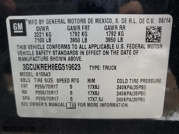2014 Chevrolet Silverado 1500 LT with VIN 3GCUKREH8EG519623, listed as a Copart auction lot 85904414 with 202,264 mi miles and Salvage Title. Bid and sale history available at carsss.com. Image 12.
