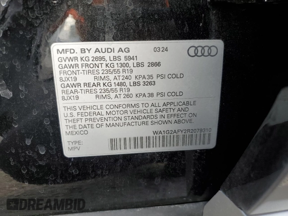 2024 Audi Q5 S line Premium with VIN WA1G2AFY2R2079310, listed as a Copart auction lot 56993615 with 4,484 mi miles and Salvage title. Bid and sale history available at DreamBid. Image 13.