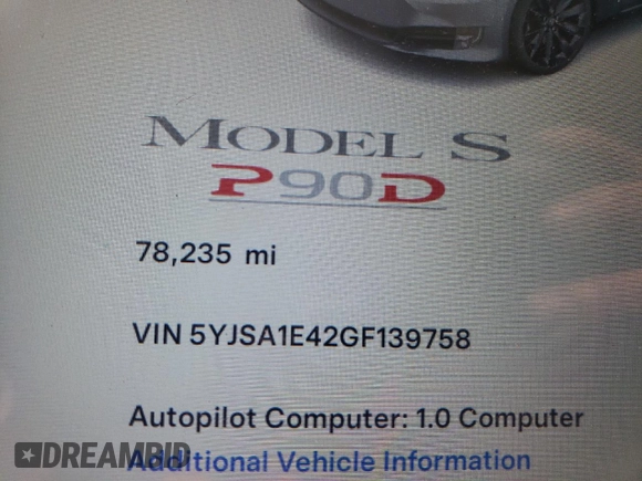 2016 Tesla Model S 90D with VIN 5YJSA1E42GF139758, listed as a Copart auction lot 63077255 with 78,235 mi miles and Salvage title. Bid and sale history available at DreamBid. Image 9.