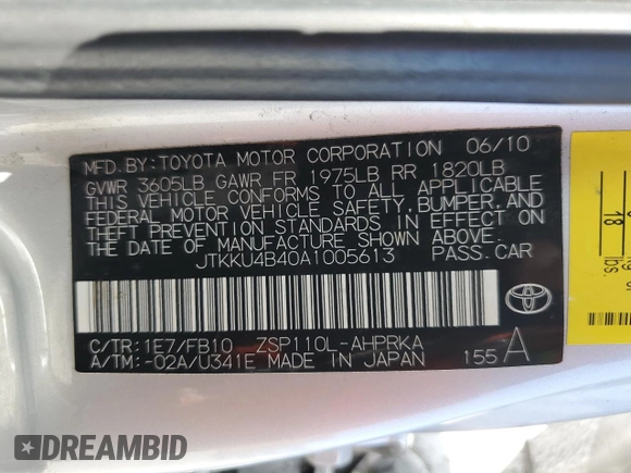 2010 Scion xD with VIN JTKKU4B40A1005613, listed as a Copart auction lot 56074605 with 205,505 mi miles and Clean Title. Bid and sale history available at DreamBid. Image 12.