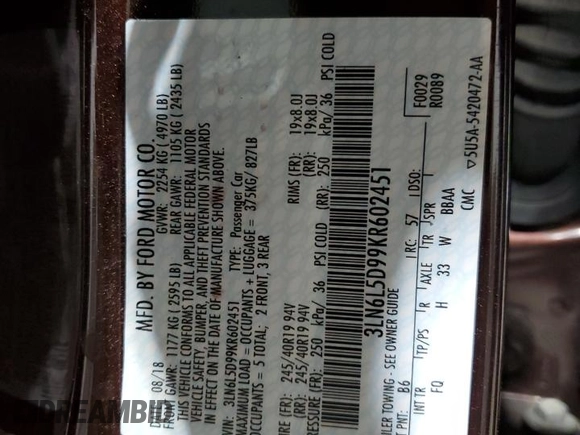 2019 Lincoln MKZ Reserve I with VIN 3LN6L5D99KR602451, listed as a Copart auction lot 42336735 with 50,341 mi miles and Salvage Title. Bid and sale history available at DreamBid. Image 12.