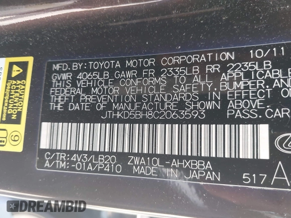 2012 Lexus CT 200h с VIN JTHKD5BH8C2063593, выставлен на аукционе IAAI как лот 42446929 с пробегом 233 672 миль миль и . История ставок и продаж доступна на DreamBid. Изображение 9.