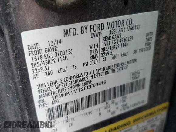 2015 Ford Expedition Max Platinum z VIN 1FMJK1MT2FEF03416, wystawiony jako Copart lot #58813525 z przebiegiem 174 634 mil mil oraz Szkoda całkowita • Salvage title. Historia ofert i sprzedaży dostępna na DreamBid. Obrazek 12.