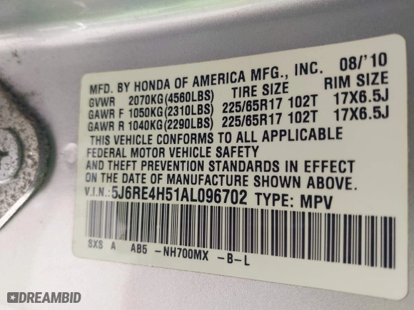 2010 Honda CR-V EX with VIN 5J6RE4H51AL096702, listed as a IAAI auction lot 42046975 with 125,989 mi miles. Bid and sale history available at carsss.com. Image 9.