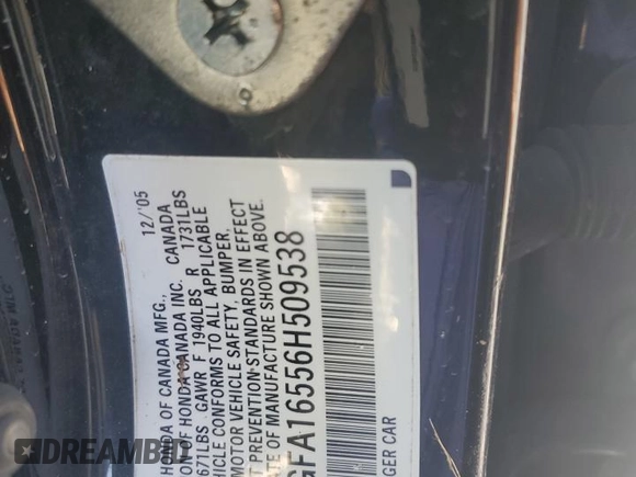 2006 Honda Civic LX with VIN 2HGFA16556H509538, listed as a Copart auction lot 45809795 with Not Provided miles and Salvage Title. Bid and sale history available at DreamBid. Image 13.