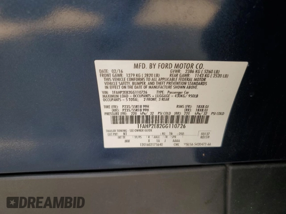 2016 Ford Taurus SEL with VIN 1FAHP2E82GG110726, listed as a Copart auction lot 59963525 with 87,859 mi miles and Salvage title. Bid and sale history available at DreamBid. Image 12.