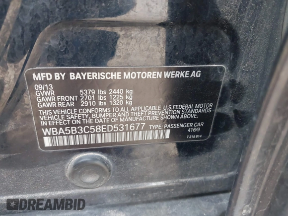 2014 BMW 5 Series 535i xDrive with VIN WBA5B3C58ED531677, listed as a IAAI auction lot 41684139 with 132,560 mi miles and . Bid and sale history available at carsss.com. Image 9.