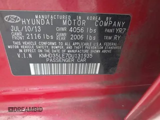 2013 Hyundai Elantra GT with VIN KMHD35LE7DU131935, listed as a IAAI auction lot 42149244 with 191,307 mi miles. Bid and sale history available at carsss.com. Image 9.