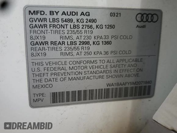 2021 Audi Q5 Premium Plus с VIN WA1BAAFY5M2071840, выставлен на аукционе Copart как лот 60482625 с пробегом 24 399 миль миль и Списание • Salvage title. История ставок и продаж доступна на DreamBid. Изображение 13.