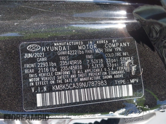 2022 Hyundai Kona Limited with VIN KM8K5CA39NU787983, listed as a IAAI auction lot 42094237 with Not Provided miles. Bid and sale history available at carsss.com. Image 9.