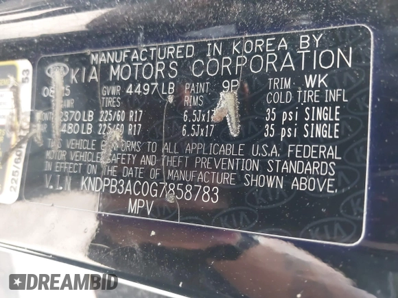 2016 Kia Sportage LX with VIN KNDPB3AC0G7858783, listed as a IAAI auction lot 42057986 with 131,954 mi miles. Bid and sale history available at carsss.com. Image 9.