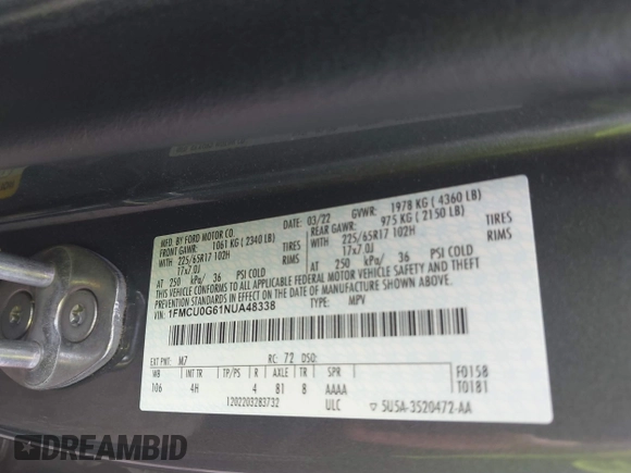 2022 Ford Escape SE z VIN 1FMCU0G61NUA48338, wystawiony jako IAAI lot #41941777 z przebiegiem 67 610 mil mil oraz . Historia ofert i sprzedaży dostępna na DreamBid. Obrazek 9.