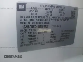 2016 Chevrolet Tahoe LT z VIN 1GNSCBKC4GR164108, wystawiony jako IAAI lot #23020061 z przebiegiem Nie podano mil oraz . Historia ofert i sprzedaży dostępna na DreamBid. Obrazek 9.