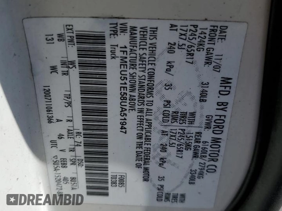 2008 Ford Explorer Sport Trac XLT z VIN 1FMEU51E58UA51947, wystawiony jako Copart lot #55703625 z przebiegiem 265 814 mil mil oraz Szkoda całkowita • Salvage title. Historia ofert i sprzedaży dostępna na DreamBid. Obrazek 13.
