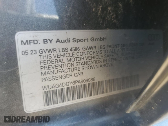 2023 Audi RS 3 with VIN WUAG4DGY6PA909888, listed as a Copart auction lot 61567855 with Not provided miles and Salvage title. Bid and sale history available at DreamBid. Image 12.