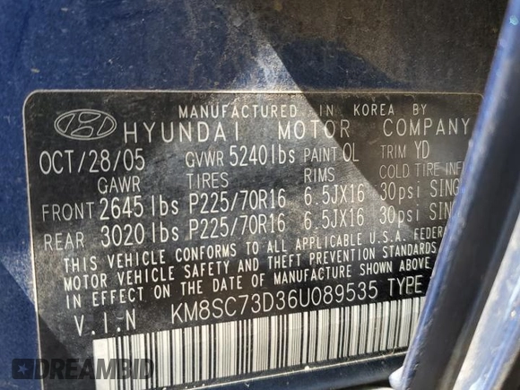 2006 Hyundai Santa Fe GLS with VIN KM8SC73D36U089535, listed as a Copart auction lot 47347174 with 71,203 mi miles and Salvage Title. Bid and sale history available at carsss.com. Image 12.