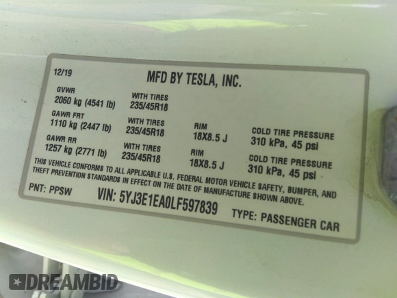 2020 Tesla Model 3 Standard Range Plus with VIN 5YJ3E1EA0LF597839, listed as a IAAI auction lot 41639219 with 49,220 mi miles. Bid and sale history available at carsss.com. Image 9.