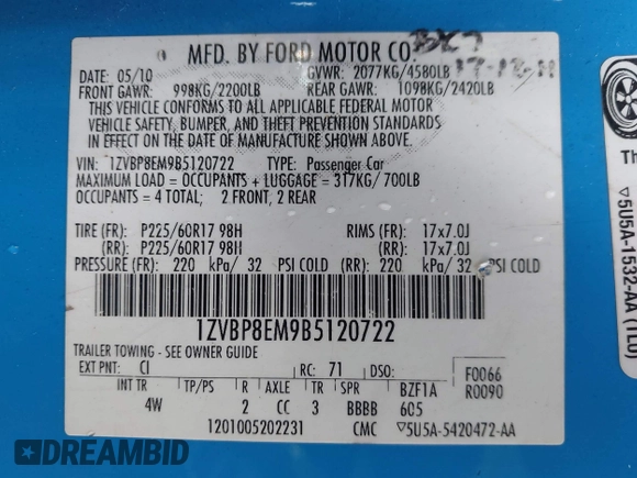 2011 Ford Mustang V6 with VIN 1ZVBP8EM9B5120722, listed as a IAAI auction lot 41762103 with 203,483 mi miles and . Bid and sale history available at DreamBid. Image 9.