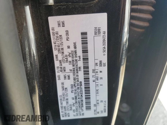 2019 Ford F-350 XL with VIN 1FT8W3BT0KED37509, listed as a Copart auction lot 60283655 with 122,571 mi miles and Salvage title. Bid and sale history available at DreamBid. Image 12.