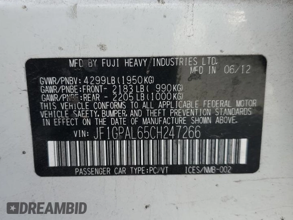 2012 Subaru Impreza Special Sports Premium z VIN JF1GPAL65CH247266, wystawiony jako Copart lot #54435545 z przebiegiem 99 943 mil mil oraz Szkoda całkowita • Salvage title. Historia ofert i sprzedaży dostępna na DreamBid. Obrazek 12.