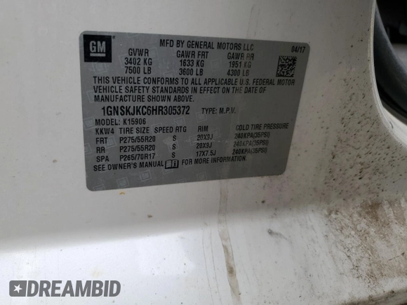 2017 Chevrolet Suburban Premier with VIN 1GNSKJKC6HR305372, listed as a Copart auction lot 47477705 with 141,324 mi miles and Salvage Title. Bid and sale history available at DreamBid. Image 14.