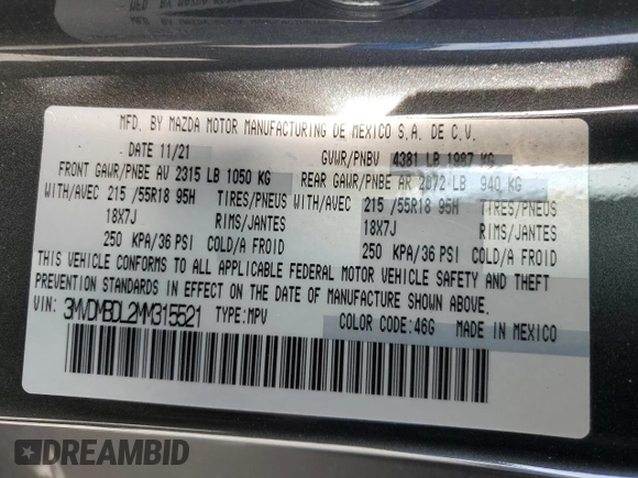 2021 Mazda CX-30 Premium z VIN 3MVDMBDL2MM315521, wystawiony jako Copart lot #75791414 z przebiegiem 23 515 mil mil oraz Szkoda całkowita • Salvage title. Historia ofert i sprzedaży dostępna na DreamBid. Obrazek 15.