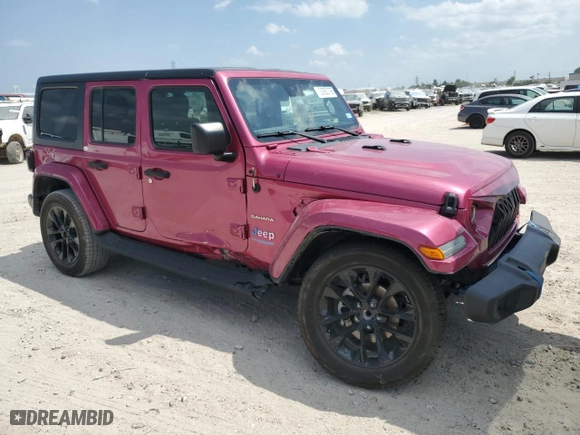 2021 Jeep Wrangler 4xe Unlimited Sahara with VIN 1C4JJXP68MW852703, listed as a Copart auction lot 52953795 with 25,437 mi miles and Salvage Title. Bid and sale history available at carsss.com. Image 4.