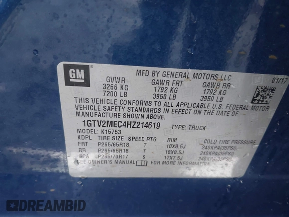 2017 GMC Sierra 1500 SLE z VIN 1GTV2MEC4HZ214619, wystawiony jako IAAI lot #41522006 z przebiegiem 184 513 mil mil oraz . Historia ofert i sprzedaży dostępna na DreamBid. Obrazek 9.