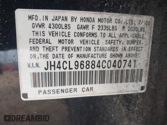 2004 Acura TSX with VIN JH4CL96884C040741, listed as a IAAI auction lot 41738635 with 177,897 mi miles. Bid and sale history available at carsss.com. Image 9.