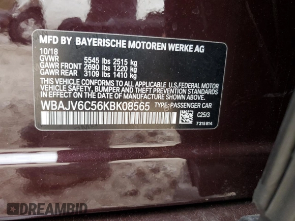 2019 BMW 6 Series 640i xDrive with VIN WBAJV6C56KBK08565, listed as a Copart auction lot 72198393 with 19,420 mi miles. Bid and sale history available at carsss.com. Image 14.