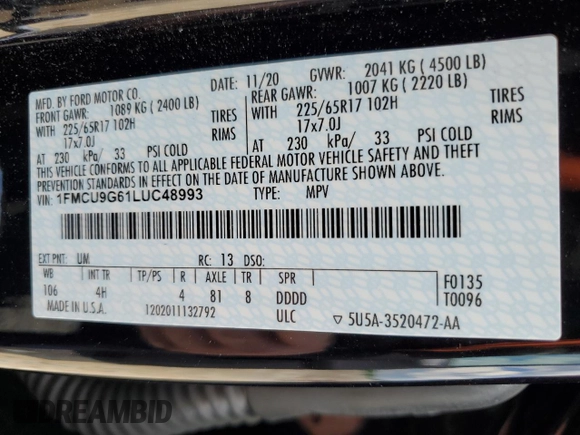 2020 Ford Escape SE с VIN 1FMCU9G61LUC48993, выставлен на аукционе Copart как лот 56314485 с пробегом 46 495 миль миль и Чистый • Clean title. История ставок и продаж доступна на DreamBid. Изображение 13.