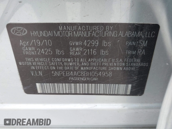 2011 Hyundai Sonata GLS with VIN 5NPEB4AC8BH054958, listed as a IAAI auction lot 42016700 with 52,955 mi miles and . Bid and sale history available at DreamBid. Image 9.