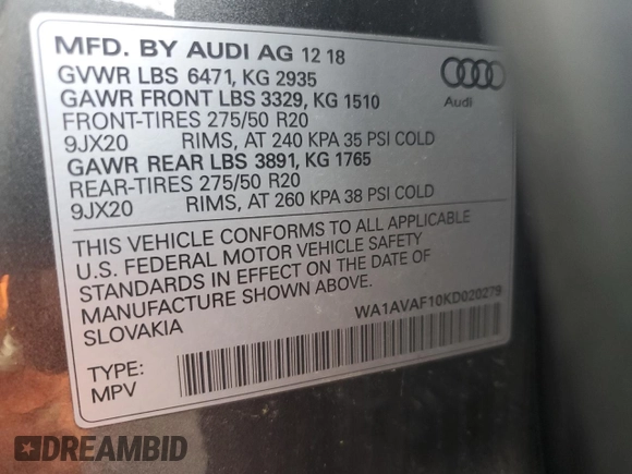 2019 Audi Q8 Premium z VIN WA1AVAF10KD020279, wystawiony jako Copart lot #63042205 z przebiegiem 102 032 mil mil oraz Szkoda całkowita • Salvage title. Historia ofert i sprzedaży dostępna na DreamBid. Obrazek 14.