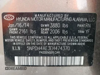 2014 Hyundai Elantra SE with VIN 5NPDH4AE3EH474370, listed as a Copart auction lot 62988025 with 87,653 mi miles and Salvage title. Bid and sale history available at DreamBid. Image 12.