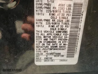 2019 Nissan Rogue SV with VIN JN8AT2MT9KW268447, listed as a Copart auction lot 52122585 with 87,215 mi miles and Salvage Title. Bid and sale history available at carsss.com. Image 12.