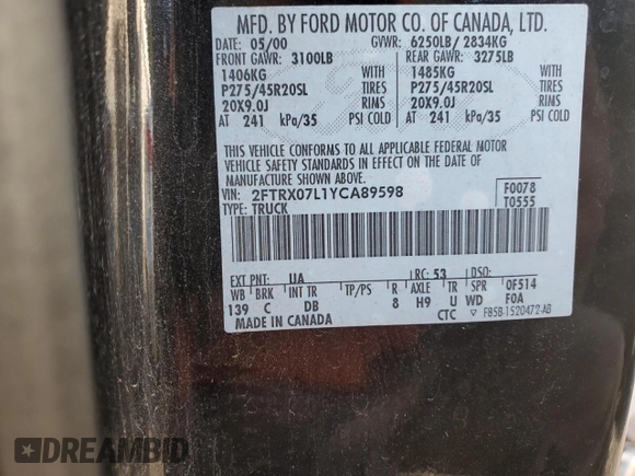 2000 Ford F-150 XL with VIN 2FTRX07L1YCA89598, listed as a Copart auction lot 55571645 with 235,923 mi miles and Salvage title. Bid and sale history available at DreamBid. Image 12.