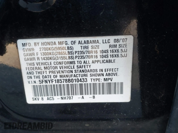 2008 Honda Pilot EX-L with VIN 5FNYF18578B010433, listed as a IAAI auction lot 41562569 with 245,451 mi miles. Bid and sale history available at carsss.com. Image 9.