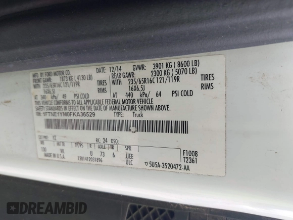 2015 Ford Transit Cargo with VIN 1FTNE1YM0FKA36529, listed as a IAAI auction lot 41731422 with 229,660 mi miles and . Bid and sale history available at DreamBid. Image 9.