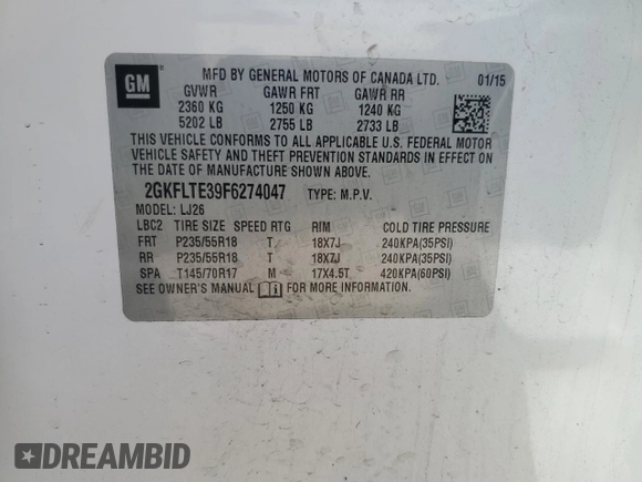 2015 GMC Terrain SLT with VIN 2GKFLTE39F6274047, listed as a Copart auction lot 58735495 with 212,375 mi miles and Non repairable. Bid and sale history available at DreamBid. Image 14.