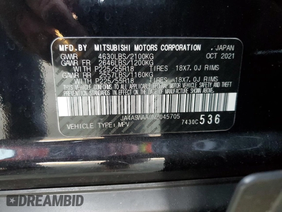 2022 Mitsubishi Eclipse Cross SE with VIN JA4ASWAA0NZ045705, listed as a Copart auction lot 84867144 with 62,645 mi miles and Salvage title. Bid and sale history available at DreamBid. Image 15.