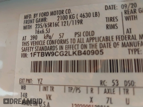 2020 Ford Transit with VIN 1FTBW9CG2LKB40905, listed as a IAAI auction lot 41485711 with 55,832 mi miles. Bid and sale history available at carsss.com. Image 9.