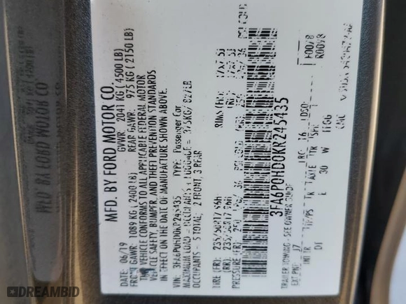 2019 Ford Fusion SE with VIN 3FA6P0HD0KR245435, listed as a Copart auction lot 76979464 with 62,221 mi miles and Salvage Title. Bid and sale history available at carsss.com. Image 14.