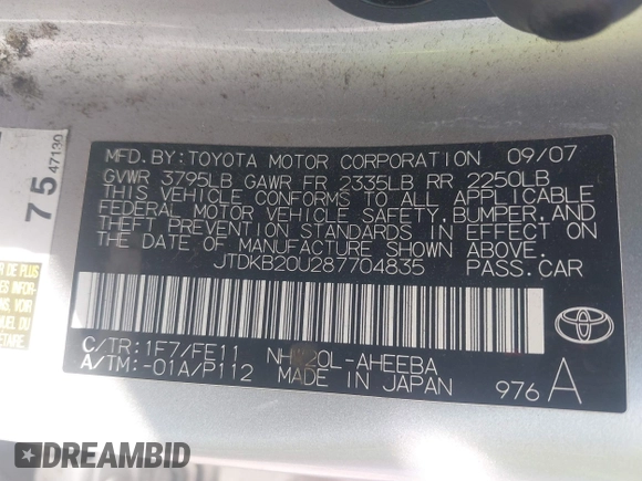 2008 Toyota Prius with VIN JTDKB20U287704835, listed as a IAAI auction lot 42208127 with 181,307 mi miles and . Bid and sale history available at DreamBid. Image 9.