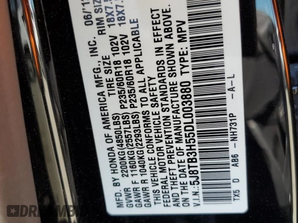 2013 Acura RDX Technology with VIN 5J8TB3H55DL003880, listed as a Copart auction lot 55113805 with 175,488 mi miles and Salvage title. Bid and sale history available at DreamBid. Image 13.