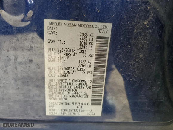 2017 Nissan Rogue SV with VIN 5N1AT2MT0HC863446, listed as a Copart auction lot 51452765 with 86,743 mi miles and Salvage Title. Bid and sale history available at carsss.com. Image 12.