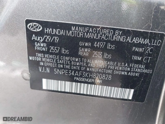 2019 Hyundai Sonata Sport with VIN 5NPE34AF3KH820828, listed as a IAAI auction lot 41015372 with 32,782 mi miles. Bid and sale history available at carsss.com. Image 9.