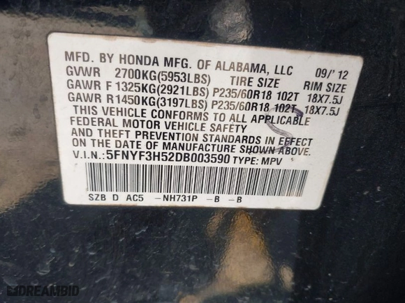 2013 Honda Pilot EX-L with VIN 5FNYF3H52DB003590, listed as a IAAI auction lot 41678369 with 221,276 mi miles. Bid and sale history available at carsss.com. Image 9.