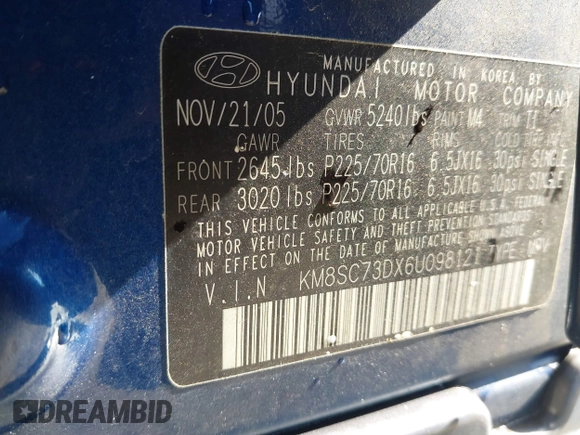 2006 Hyundai Santa Fe GLS with VIN KM8SC73DX6U098121, listed as a IAAI auction lot 41490588 with 171,087 mi miles. Bid and sale history available at carsss.com. Image 9.